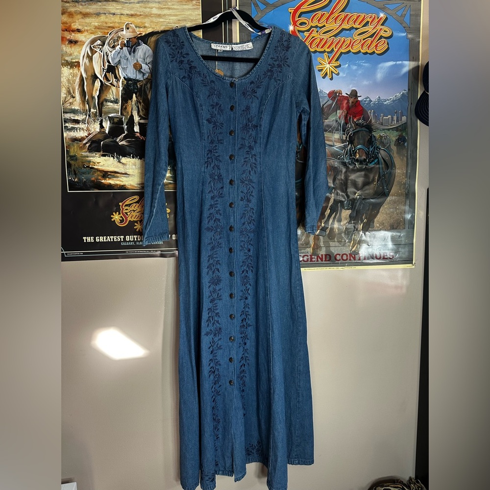 Vintage embroidered long sleeve denim dress